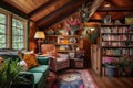 cozy cabin retreat with built-in bookshelves and colorful knickknacks
