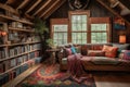 cozy cabin retreat with built-in bookshelves and colorful knickknacks