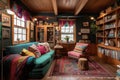 cozy cabin retreat with built-in bookshelves and colorful knickknacks