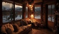 Cozy Cabin Retreat: Rustic Charm Amidst Snowy Peaks, Fireplace Glow, and Enchanting Winter Ambiance Royalty Free Stock Photo