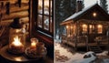 Cozy Cabin Retreat: Rustic Charm Amidst Snowy Peaks, Fireplace Glow, and Enchanting Winter Ambiance Royalty Free Stock Photo