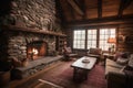 cozy cabin retreat with stone fireplace and warm blankets for wintery nights Royalty Free Stock Photo