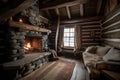 cozy cabin retreat with stone fireplace and warm blankets for wintery nights Royalty Free Stock Photo