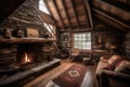 cozy cabin retreat with stone fireplace and warm blankets for wintery nights Royalty Free Stock Photo