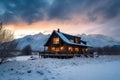 cozy cabin retreat with view of snowy mountain range, surrounded by natural beauty Royalty Free Stock Photo