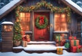 a cozy cabin seasons greetings country holiday christmas night snow evening lights snowy holidays gifts santa delivery visit Royalty Free Stock Photo