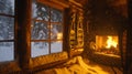 Cozy Cabin with Snow-Covered Window and Fireplace Royalty Free Stock Photo