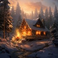 A cozy cabin in a snowy forest, smoke rising from the chimney, warm light glowing from the windows