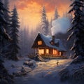 A cozy cabin in a snowy forest, smoke rising from the chimney, warm light glowing from the windows