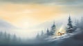 cozy cabin in a snowy forest at sunrise Royalty Free Stock Photo