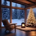 Cozy cabin in a snowy forest with a warm fireplace inside Peaceful and inviting illustration for winter-themed or holiday design