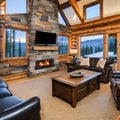 A cozy cabin-style living room with a stone fireplace, log walls, and plaid-patterned furniture4, Generative AI