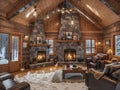 A cozy cabin in the woods with a fireplace and snowfalls outdoor, fireplace in the winter