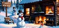 A cozy cabin in the woods with a fireplace and a snowman outside-The snowman is holding a sign that says -Happy New Year 2024