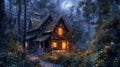 A cozy cabin in the woods its windows aglow with the reflection of the dancing moonbeams outside. . Royalty Free Stock Photo