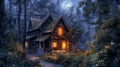 A cozy cabin in the woods its windows aglow with the reflection of the dancing moonbeams outside. .