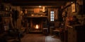 A cozy cabin in the woods with a roaring fireplace, a stack of board games, and a collection of hiking boots by the door