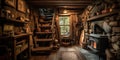 A cozy cabin in the woods with a roaring fireplace, a stack of board games, and a collection of hiking boots by the door