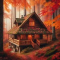 A cozy cabin in the woods surrounded by colorful autumn leaves, Generative AI Royalty Free Stock Photo