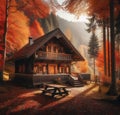 A cozy cabin in the woods surrounded by colorful autumn leaves, Generative AI Royalty Free Stock Photo