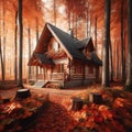 A cozy cabin in the woods surrounded by colorful autumn leaves, Generative AI Royalty Free Stock Photo