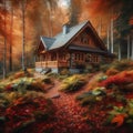 A cozy cabin in the woods surrounded by colorful autumn leaves, Generative AI Royalty Free Stock Photo