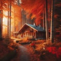 A cozy cabin in the woods surrounded by colorful autumn leaves, Generative AI Royalty Free Stock Photo