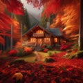 A cozy cabin in the woods surrounded by colorful autumn leaves, Generative AI Royalty Free Stock Photo