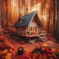 A cozy cabin in the woods surrounded by colorful autumn leaves, Generative AI Royalty Free Stock Photo