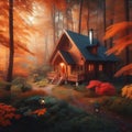 A cozy cabin in the woods surrounded by colorful autumn leaves, Generative AI Royalty Free Stock Photo