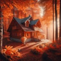 A cozy cabin in the woods surrounded by colorful autumn leaves, Generative AI Royalty Free Stock Photo