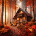 A cozy cabin in the woods surrounded by colorful autumn leaves, Generative AI Royalty Free Stock Photo