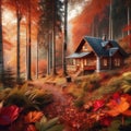 A cozy cabin in the woods surrounded by colorful autumn leaves, Generative AI Royalty Free Stock Photo