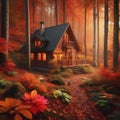 A cozy cabin in the woods surrounded by colorful autumn leaves, Generative AI Royalty Free Stock Photo