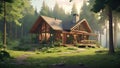 A cozy cabin in the woods, surrounded by lush greenery and the sounds of nature, providing a peaceful and grounding