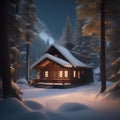 A cozy cabin in the woods surrounded by snow3