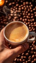 Cozy caf scene hand holding a steaming coffee cup with scattered coffee beans on table Royalty Free Stock Photo
