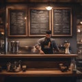 A cozy cafe with a chalkboard menu and a barista preparing espresso2