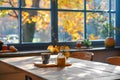 Cozy cafe interior with beautiful autumn view