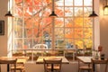 Cozy cafe interior with autumn view