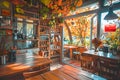 Cozy cafe interior with beautiful autumn view