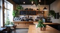 Cozy Coffee Shop Interior with Espresso Machine, Plants and Menu Board Royalty Free Stock Photo