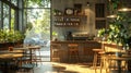 Cozy cafe interior with warm sunlight and modern design elements Royalty Free Stock Photo