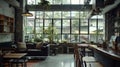 A cozy cafe nestled in a bustling city with an industrialinspired design that incorporates large windows and high