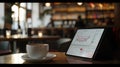 A cozy cafe scene with a cup of coffee and a tablet displaying financial charts Royalty Free Stock Photo