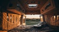 Cozy Camper Van Interior with Guitar, Sunset Light, and Macrame Details Royalty Free Stock Photo