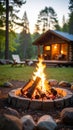 Cozy campfire burning brightly in a stone fire pit with a rustic log cabin background at dusk. Royalty Free Stock Photo