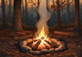 A cozy campfire burns amid a forest setting. Surrounded by a circle of stones, logs Royalty Free Stock Photo