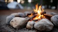 Cozy campfire surrounded by rocks in an outdoor campsite setting. Royalty Free Stock Photo