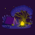 Cozy camping dark night with tent, bonfire, portable radio.